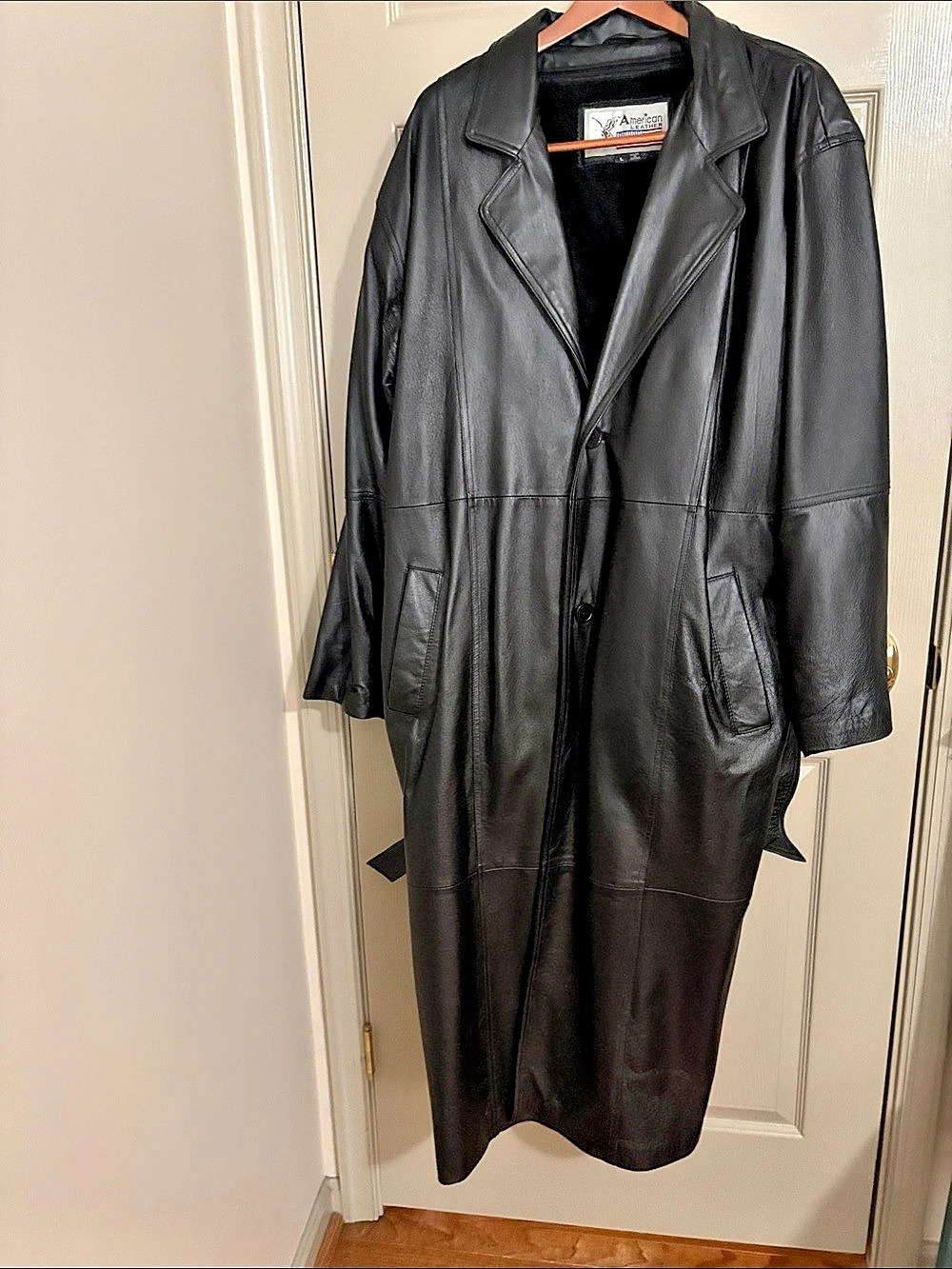 American Leather Black Leather Duster Coat Size Large Like New